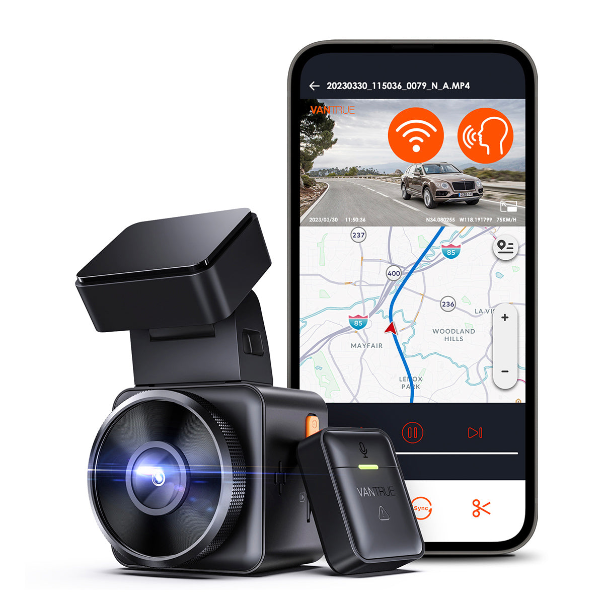 Vantrue E1-G WiFi Mini Dash Cam with Voice Control & GPS, Car Dash Camera with Remote Controller, Super Night Vision, 24 Hours Parking Mode, Buffered